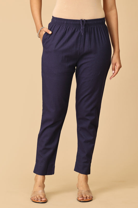 Navy Blue Cotton Trouser Fit with Drawstring Cigarette Pant