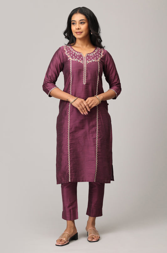 Dark Mauve Slub Silk  Neck Embroidery Straight Kurti Set 2 Pcs