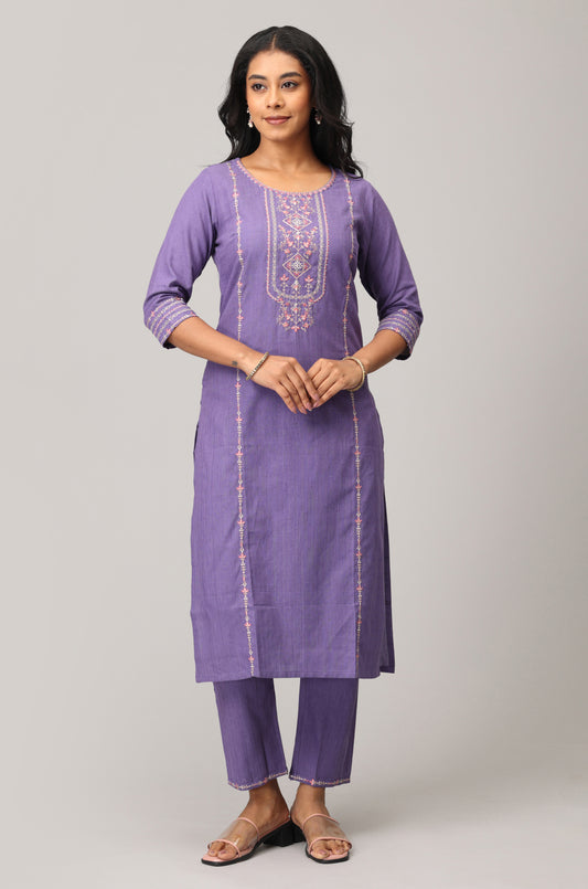 Purple Cotton Embroidered Straight Kurti Set 2 Pcs
