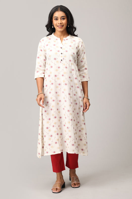 Off White Viscose Madarin Collar Printed  A-Line Kurti