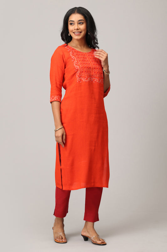 Orange Matty Embroidery Straight Kurti