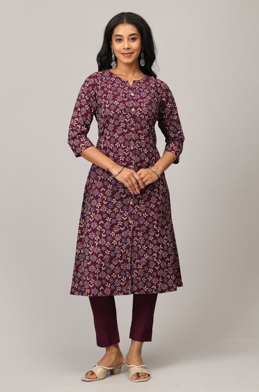 Dark Magenta Rayon Slub Printed A-Line Kurti Set 2 Pcs