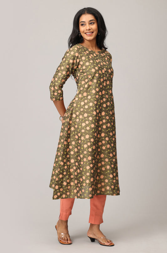 Olive Green Slub Silk Floral Printed A-Line Kurti