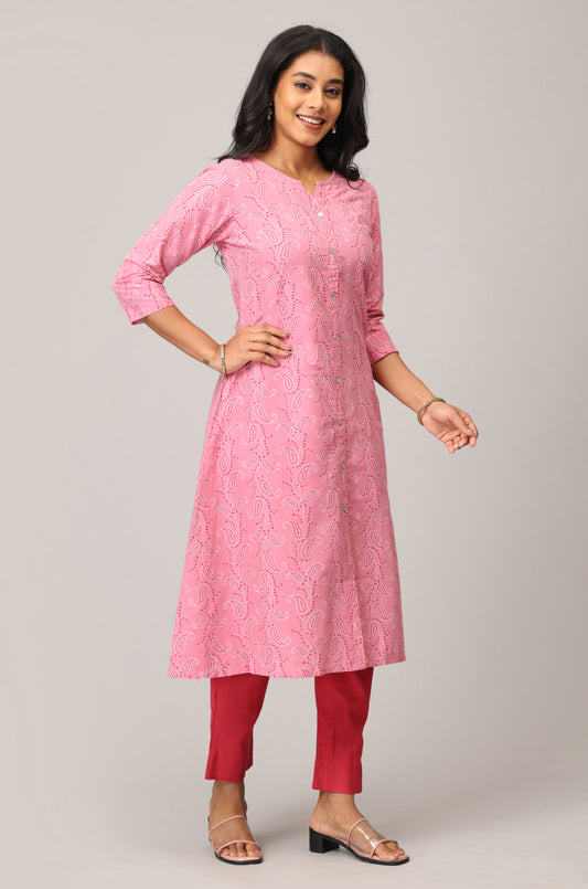 Pink Slub Silk Printed A-Line Kurti
