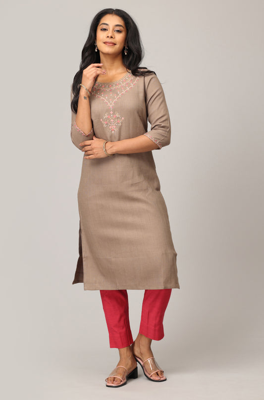 Brown Matty Neck Embroidered Straight Kurti