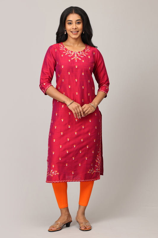 Magenta Slub Silk All Over Embroidery Staright Kurti