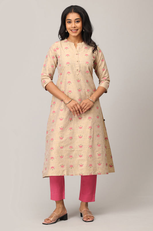 Beige Slub Silk Printed A-Line Kurti