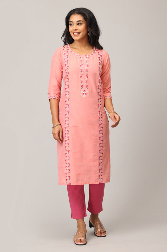 Peach Slub Silk Embroidery Straight Kurti