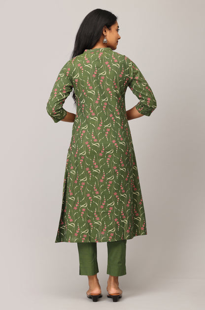 Green Rayon Slub Printed Mandarin collar A-Line Kurti Set -2 Pcs