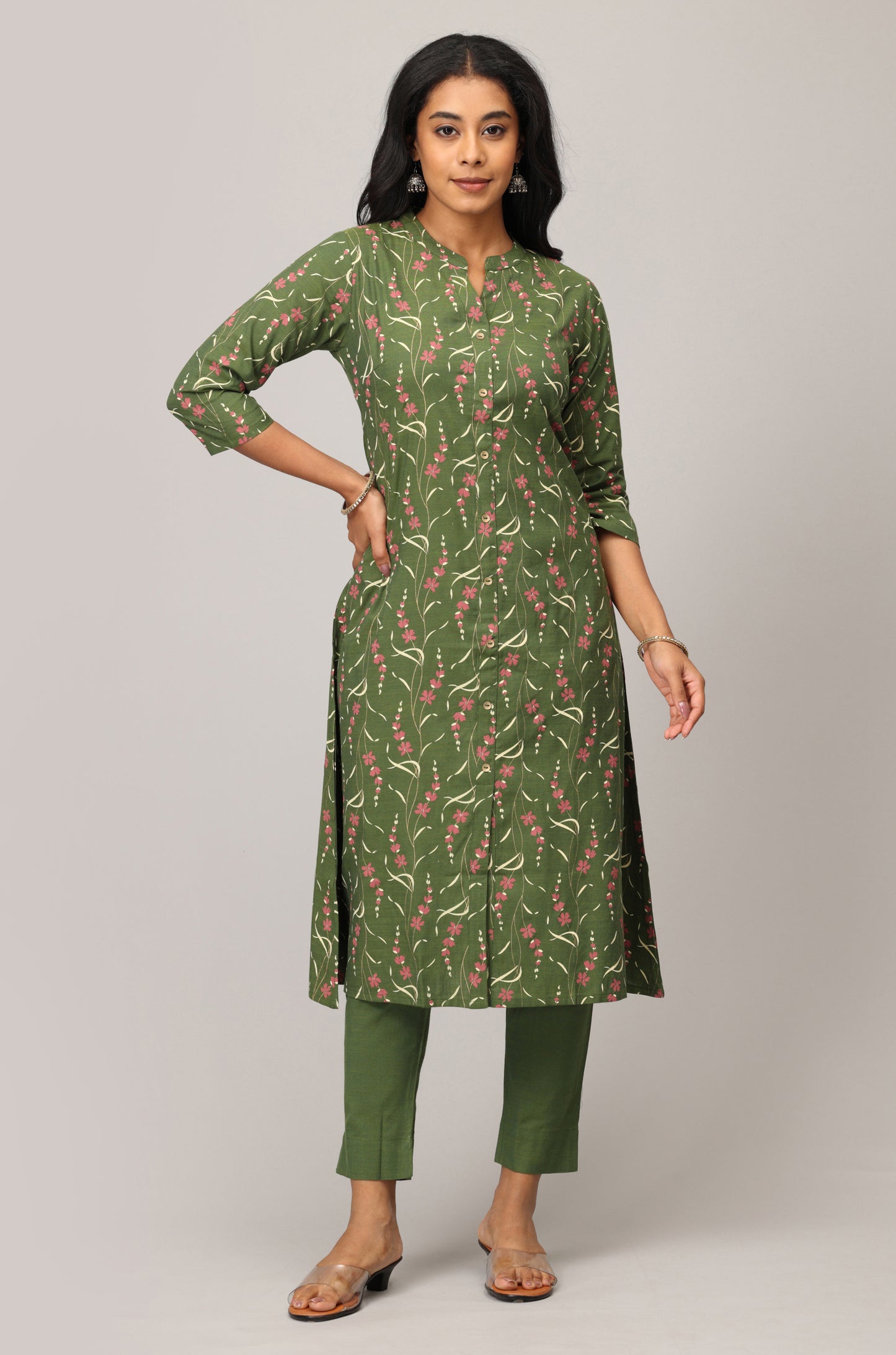 Green Rayon Slub Printed Mandarin collar A-Line Kurti Set -2 Pcs