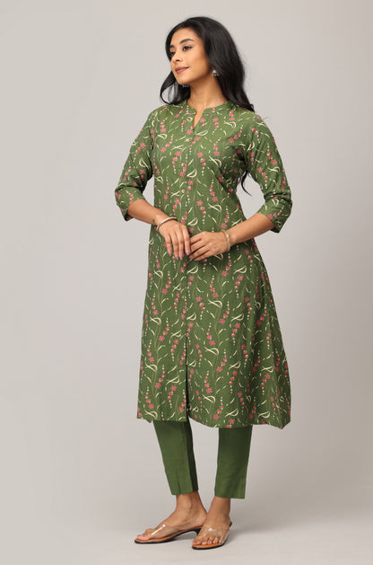 Green Rayon Slub Printed Mandarin collar A-Line Kurti Set -2 Pcs
