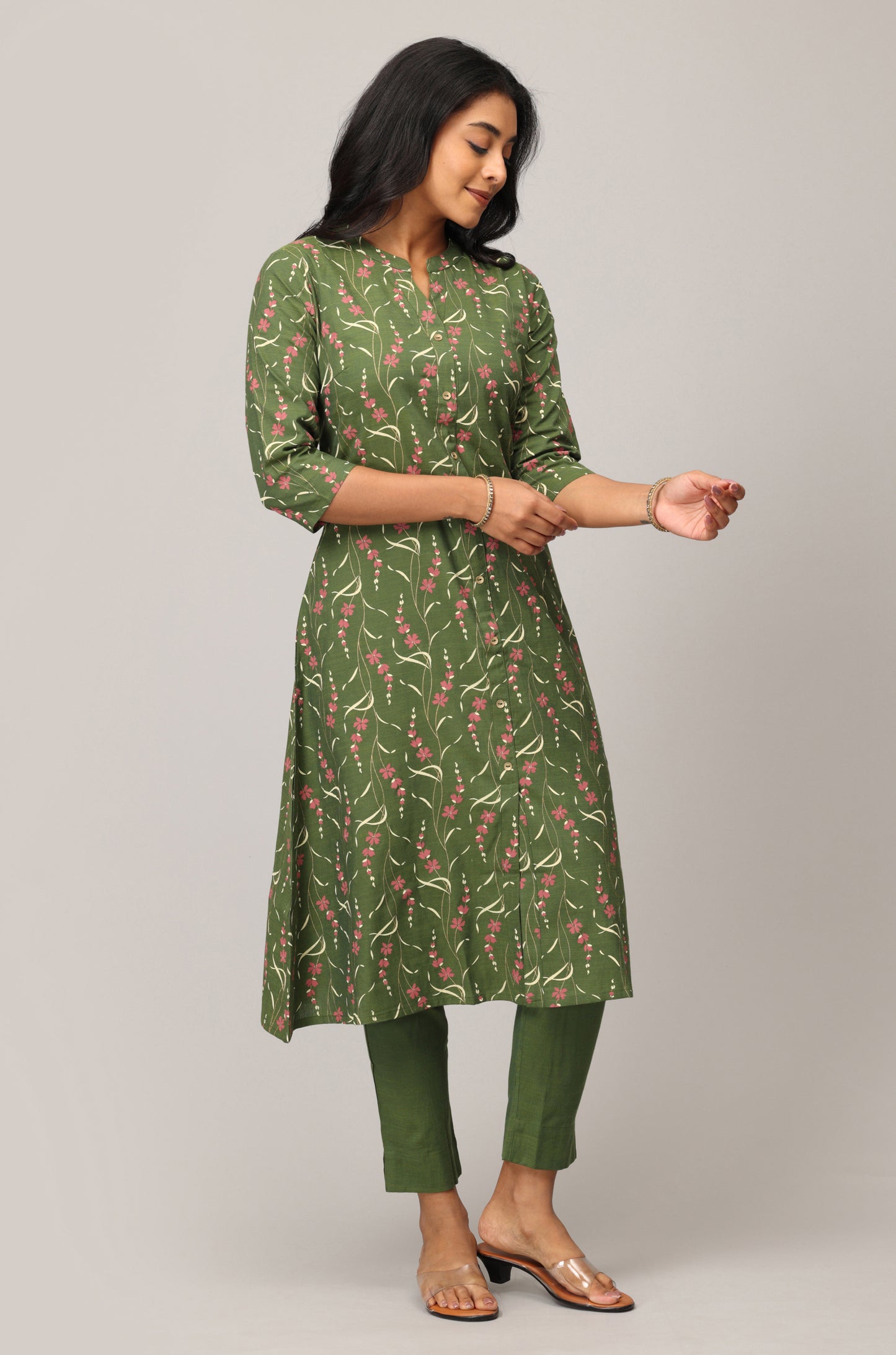 Green Rayon Slub Printed Mandarin collar A-Line Kurti Set -2 Pcs