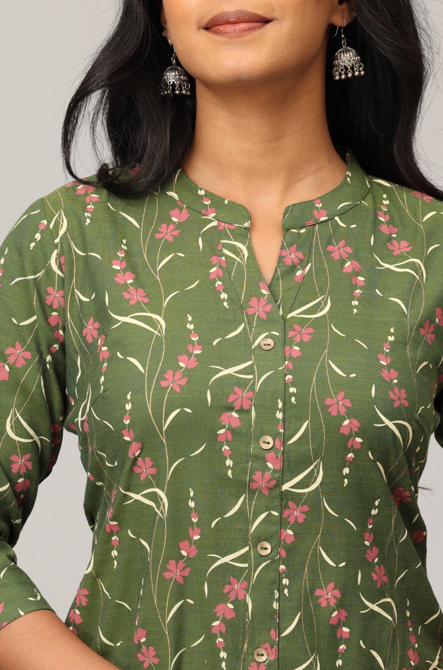 Green Rayon Slub Printed Mandarin collar A-Line Kurti Set -2 Pcs