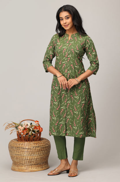 Green Rayon Slub Printed Mandarin collar A-Line Kurti Set -2 Pcs
