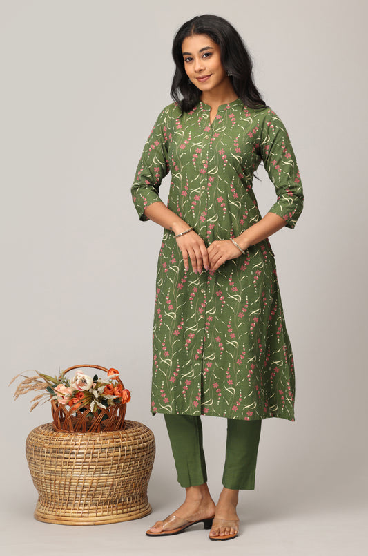 Green Rayon Slub Printed Mandarin collar A-Line Kurti Set -2 Pcs