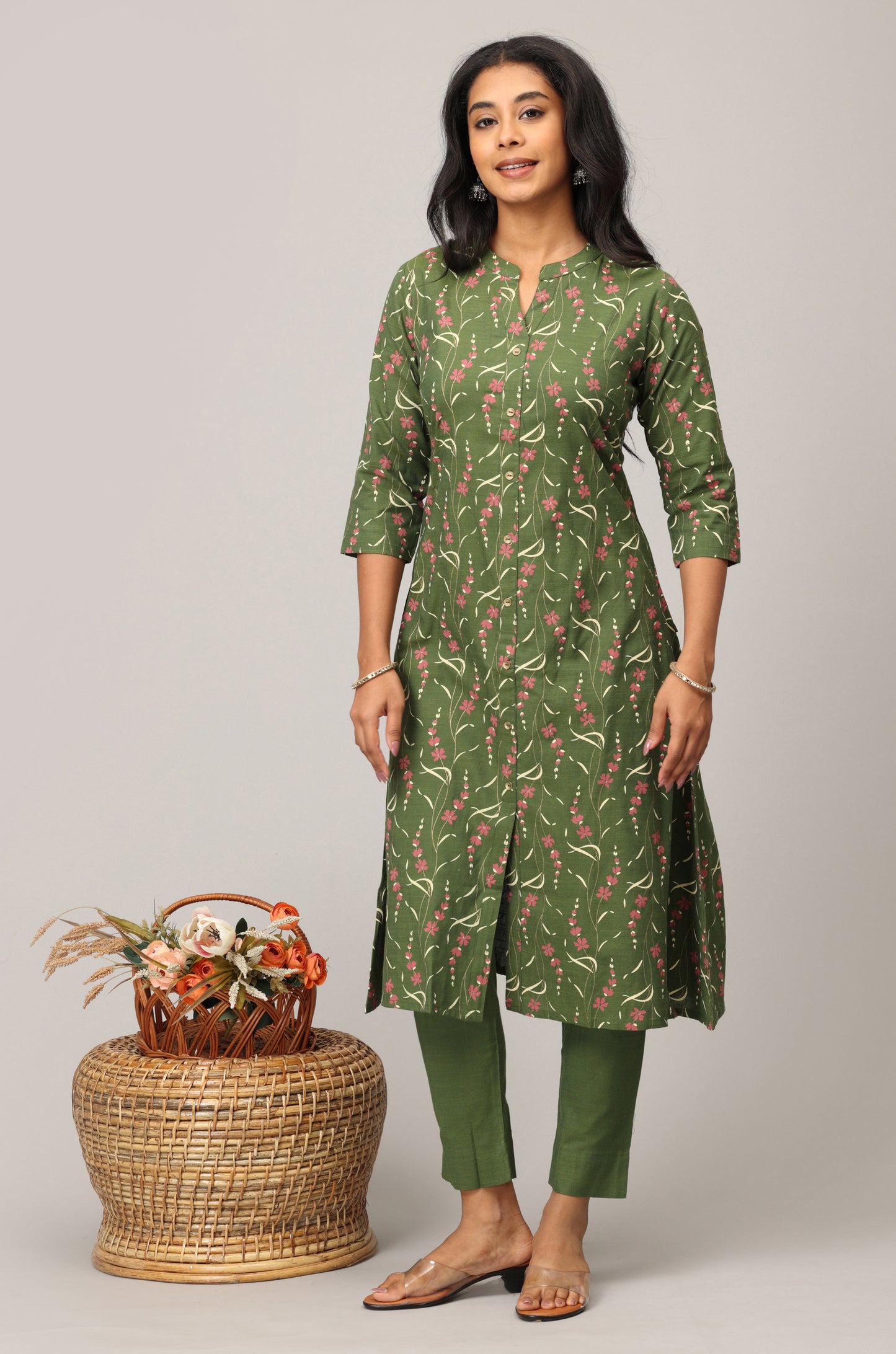 Green Rayon Slub Printed Mandarin collar A-Line Kurti Set -2 Pcs