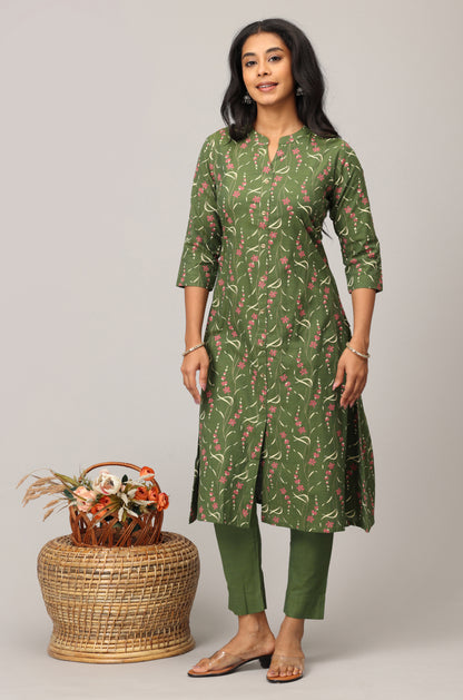 Green Rayon Slub Printed Mandarin collar A-Line Kurti Set -2 Pcs