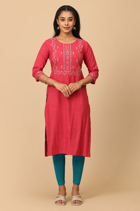Dark Magenta Rayon Slub Embroidery Straight Kurti