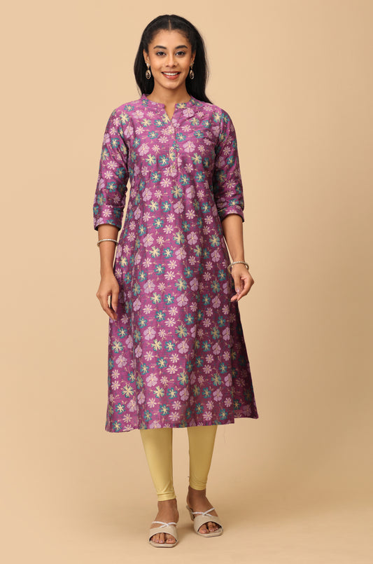 Mauve Slub Silk Printed A-Line Kurti