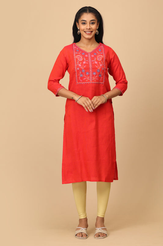 Orange Pink Matty Embroidered Straight Kurti