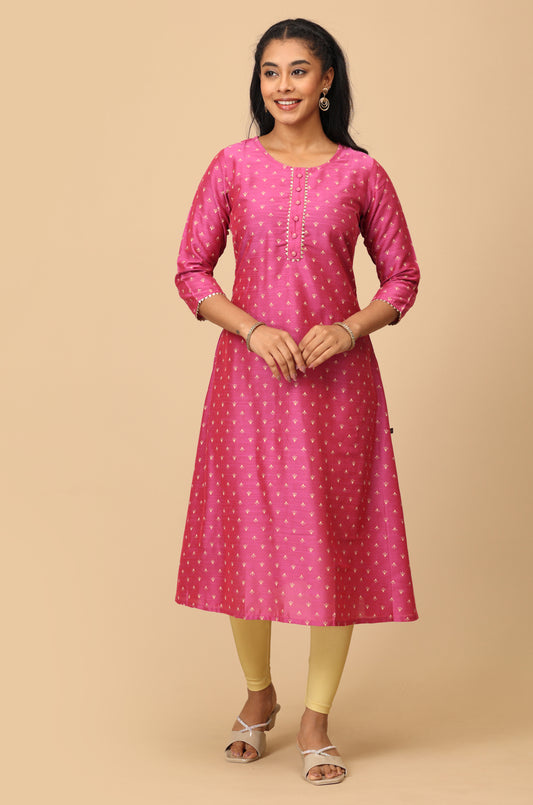 Pink Slub Silk Printed with Lace A-Line Kurti