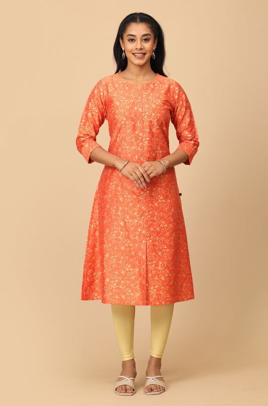 Orange Slub Silk Gold Printed A-Line Kurti
