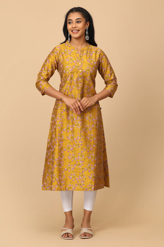 Mustard Slub Silk Printed A-Line Kurti