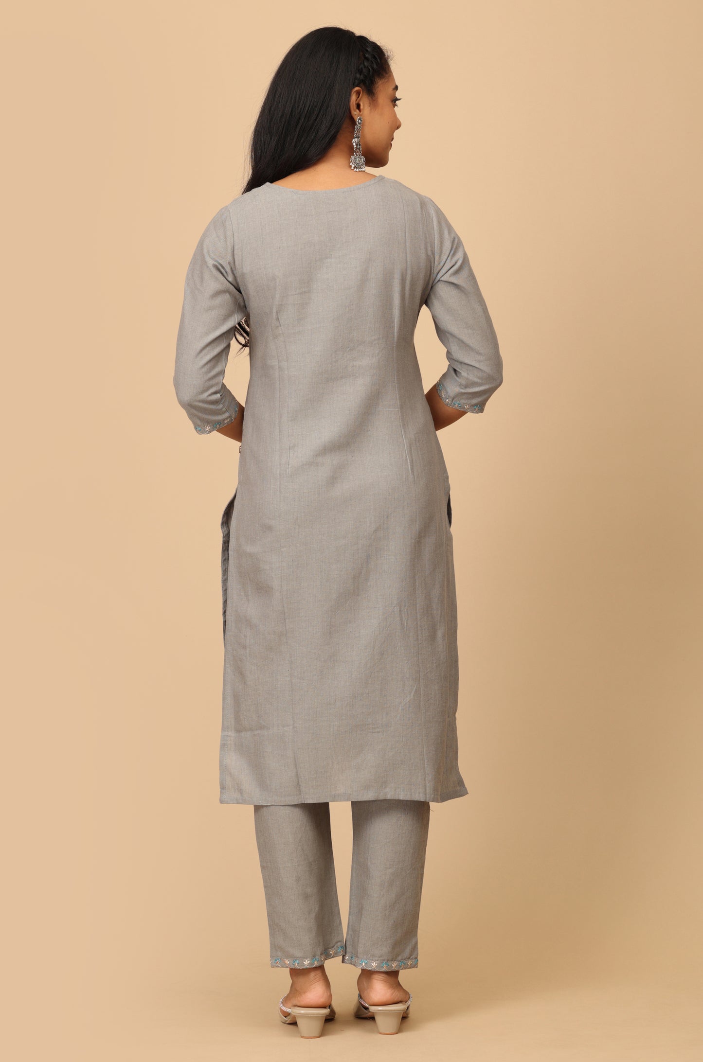 Grey Cotton Neck Embroidered Straight Kurti Set 2 Pcs
