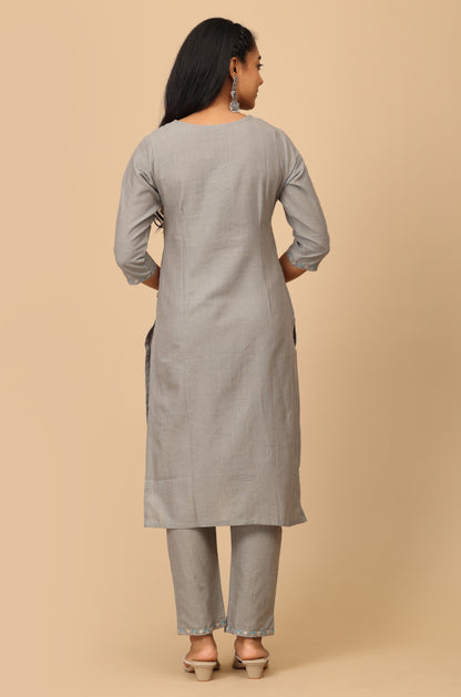 Grey Cotton Neck Embroidered Straight Kurti Set 2 Pcs