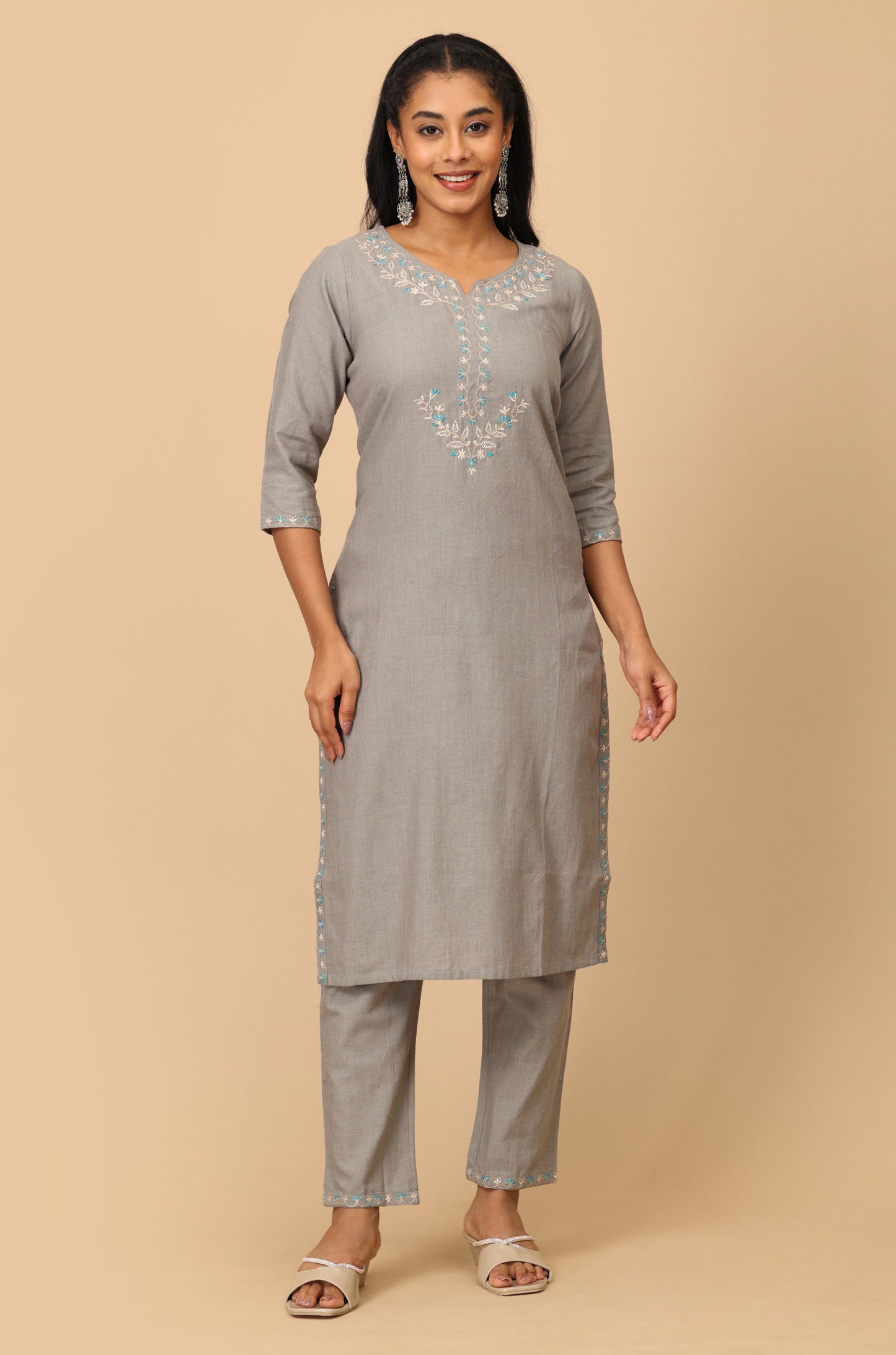 Grey Cotton Neck Embroidered Straight Kurti Set 2 Pcs