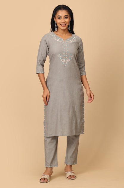 Grey Cotton Neck Embroidered Straight Kurti Set 2 Pcs