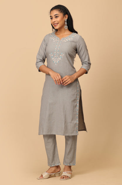 Grey Cotton Neck Embroidered Straight Kurti Set 2 Pcs