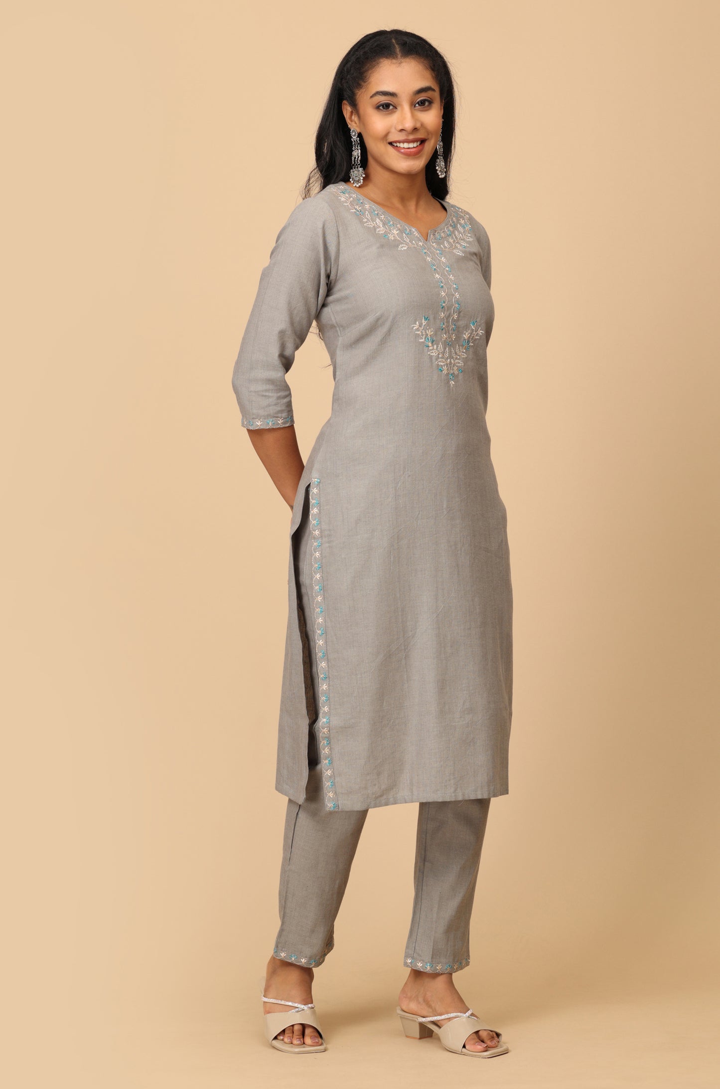 Grey Cotton Neck Embroidered Straight Kurti Set 2 Pcs