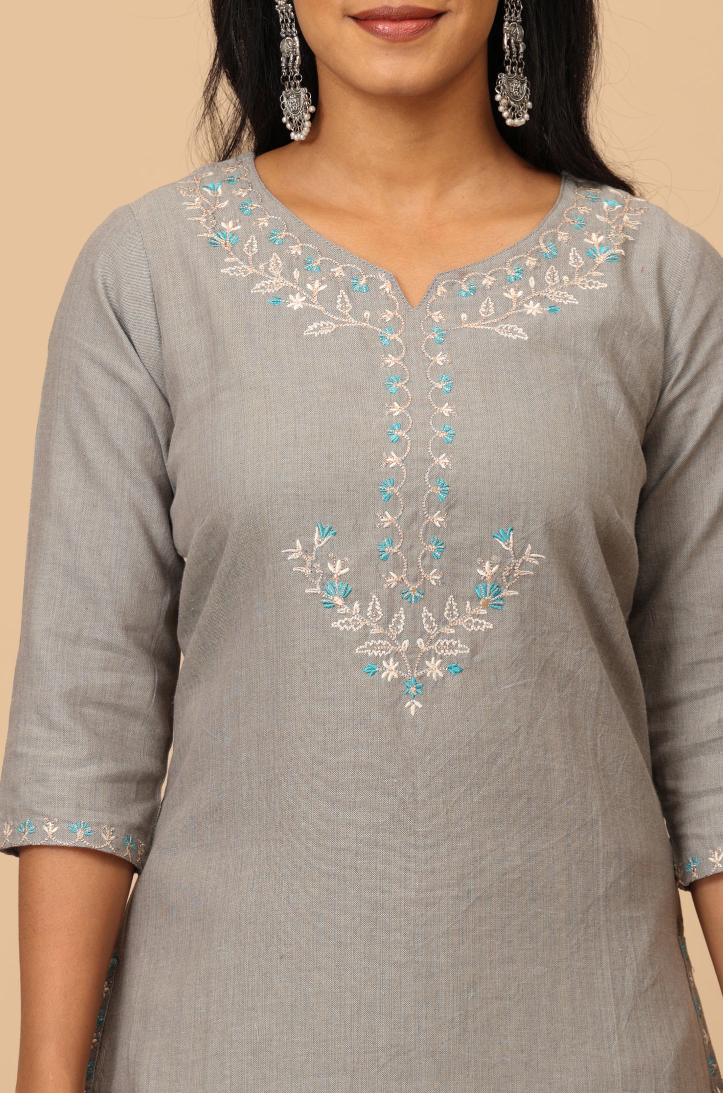 Grey Cotton Neck Embroidered Straight Kurti Set 2 Pcs