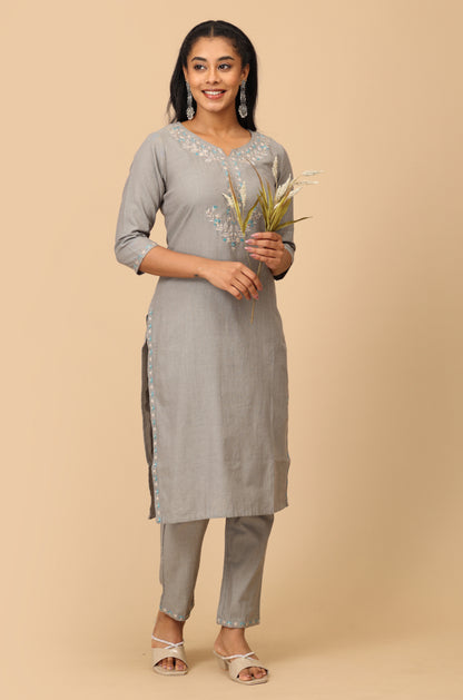 Grey Cotton Neck Embroidered Straight Kurti Set 2 Pcs