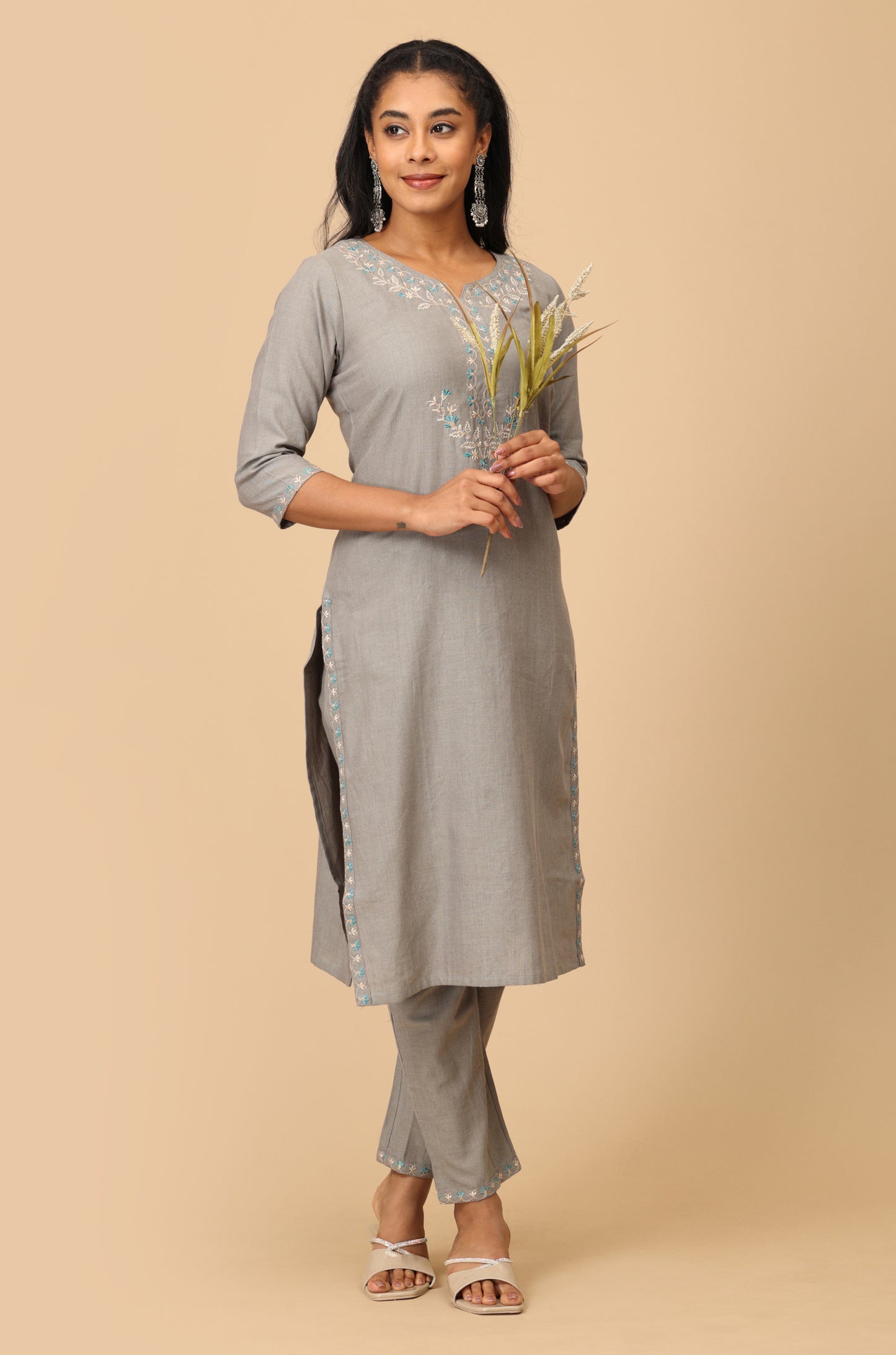Grey Cotton Neck Embroidered Straight Kurti Set 2 Pcs