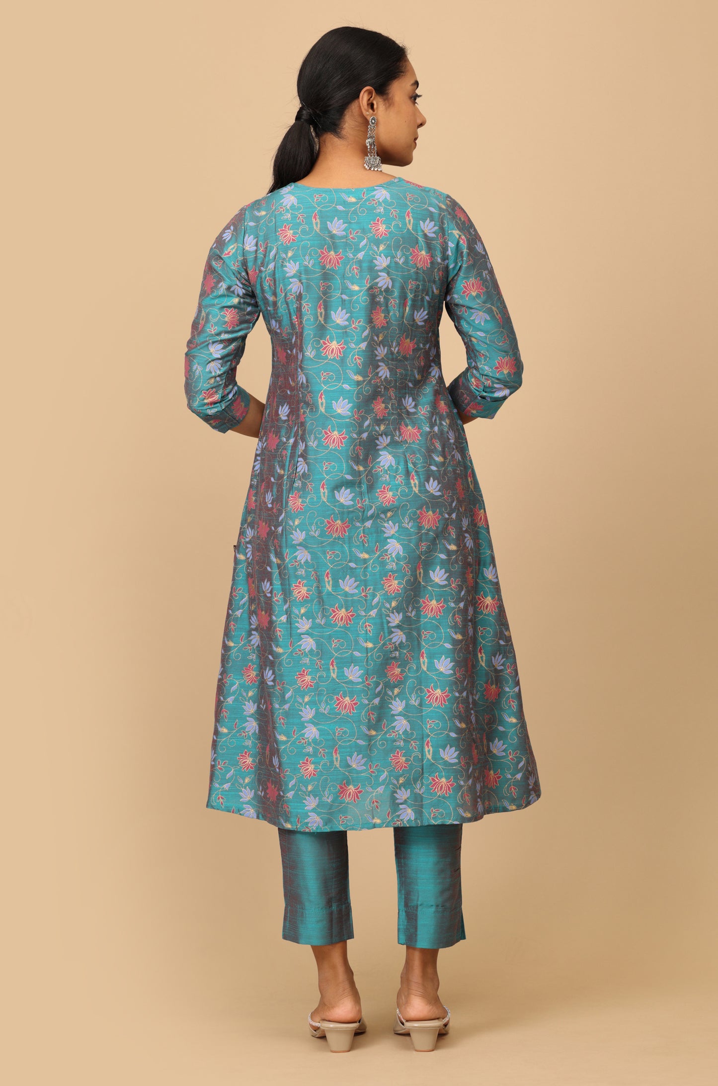 Teal Slub Silk Floral Printed A-Line Kurti Set 2 Pcs