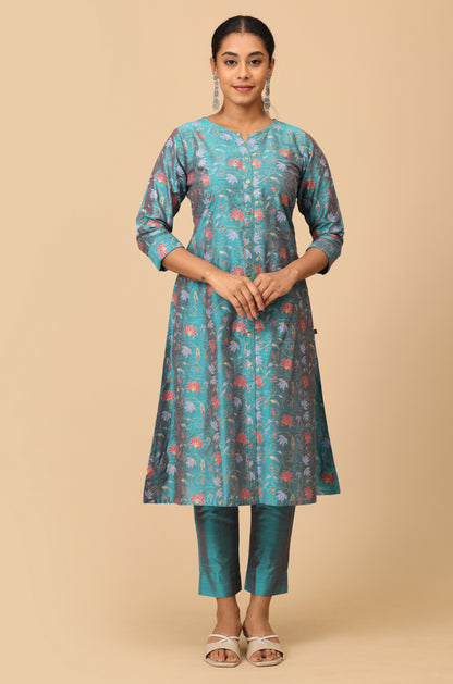 Teal Slub Silk Floral Printed A-Line Kurti Set 2 Pcs