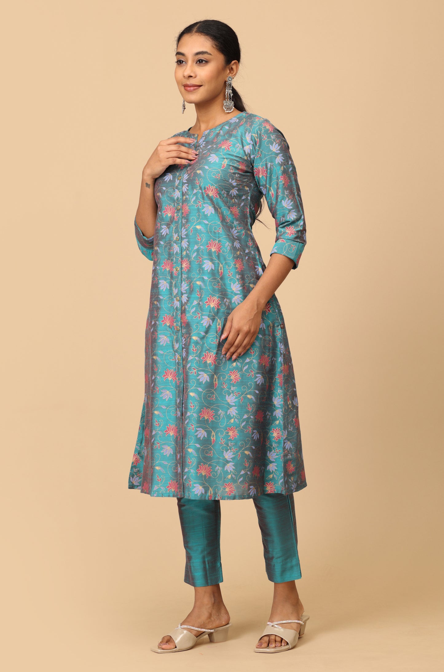 Teal Slub Silk Floral Printed A-Line Kurti Set 2 Pcs
