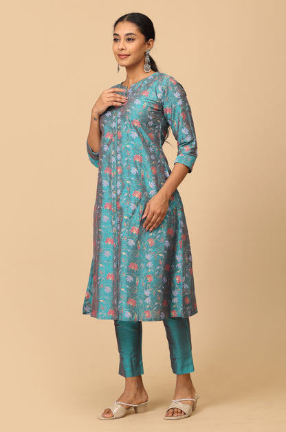 Teal Slub Silk Floral Printed A-Line Kurti Set 2 Pcs