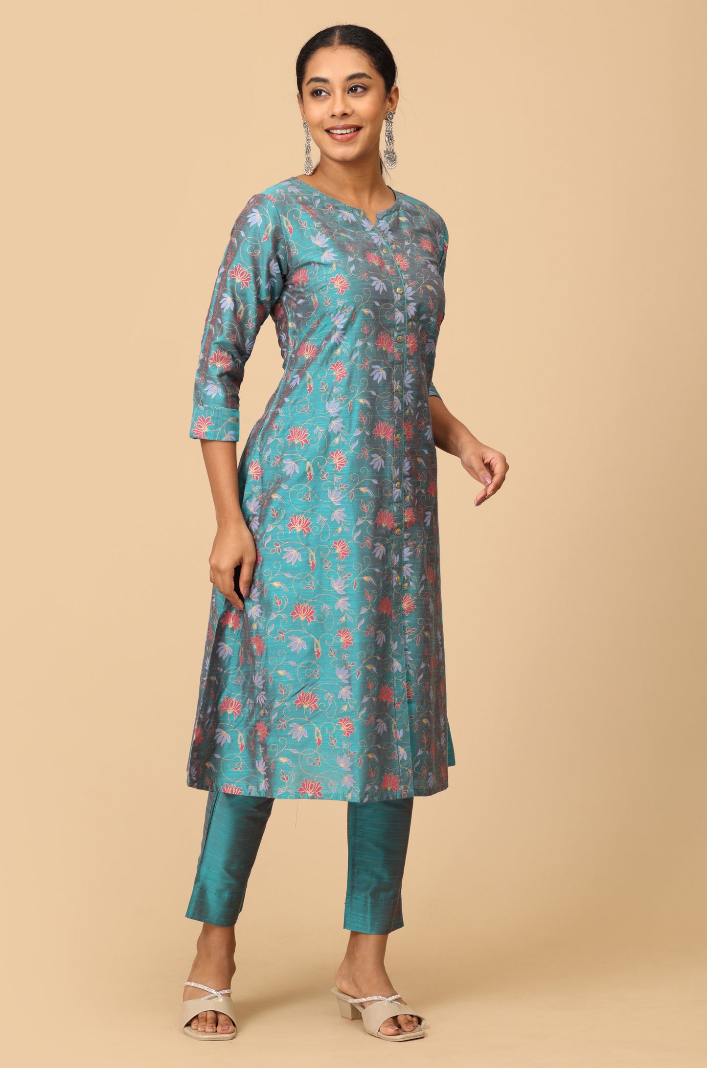 Teal Slub Silk Floral Printed A-Line Kurti Set 2 Pcs