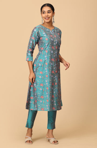 Teal Slub Silk Floral Printed A-Line Kurti Set 2 Pcs