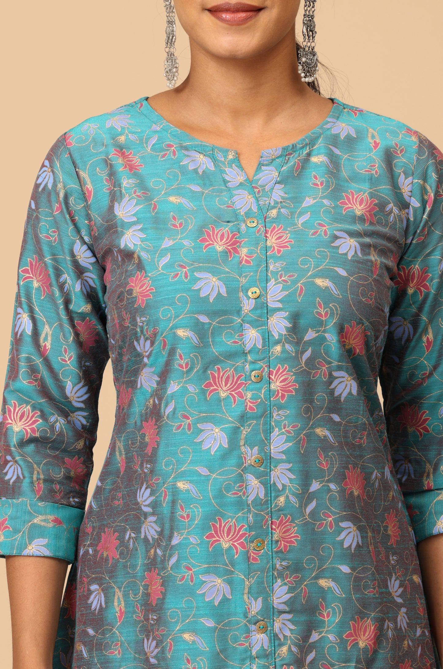 Teal Slub Silk Floral Printed A-Line Kurti Set 2 Pcs