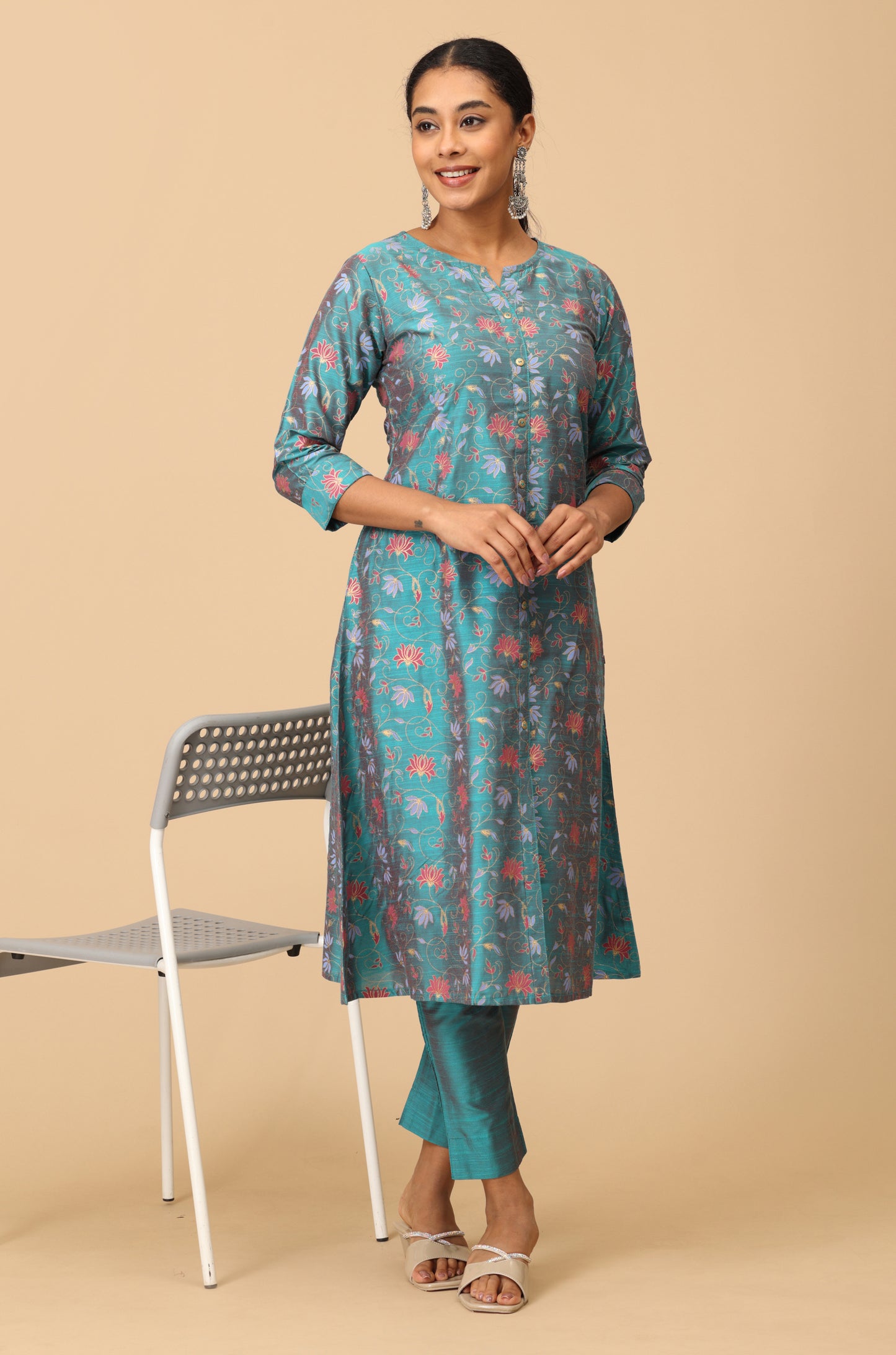 Teal Slub Silk Floral Printed A-Line Kurti Set 2 Pcs
