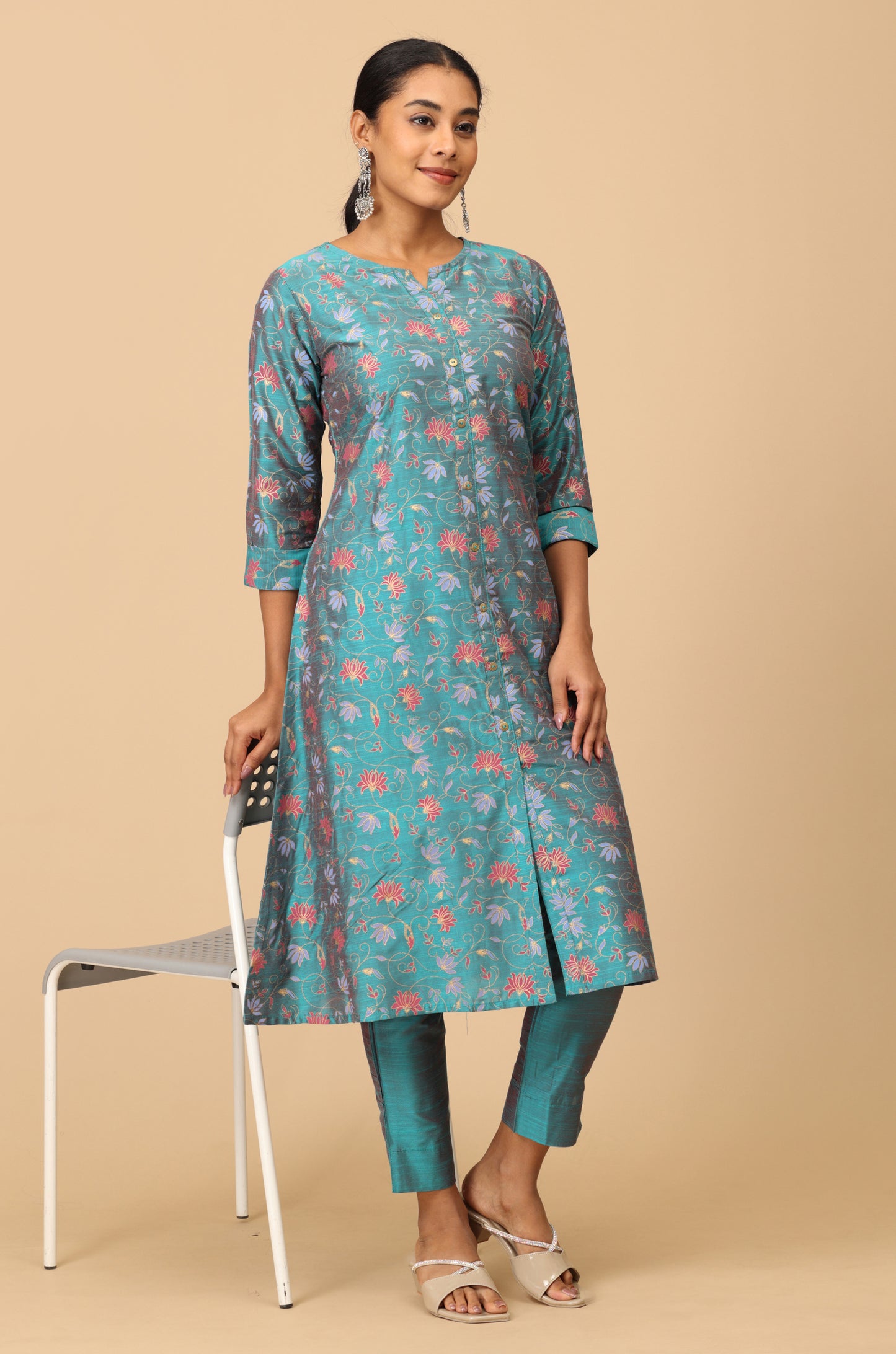 Teal Slub Silk Floral Printed A-Line Kurti Set 2 Pcs