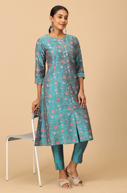 Teal Slub Silk Floral Printed A-Line Kurti Set 2 Pcs