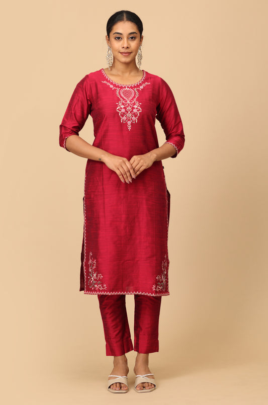 Dark Magenta Slub Silk Neck & Border Embroidered Straight Kurti Set 2 Pcs