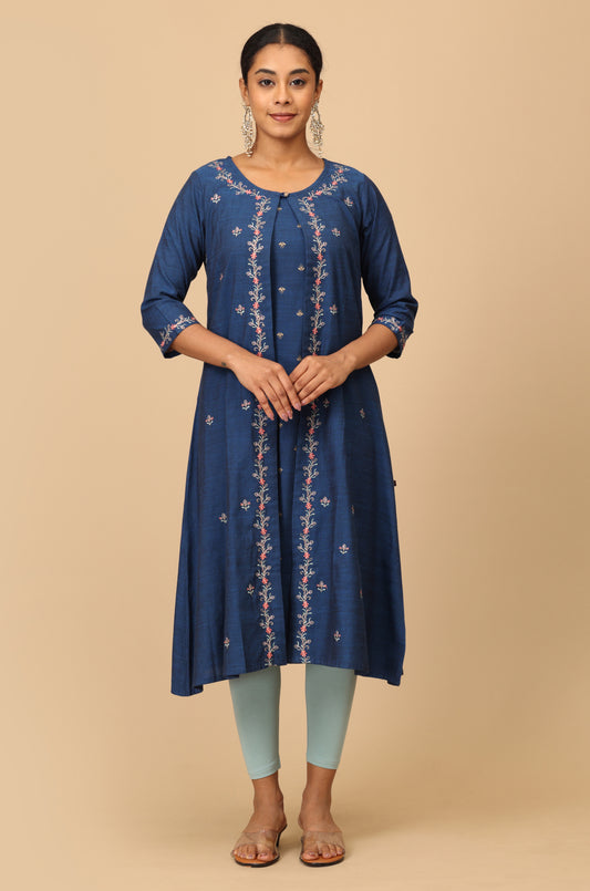 Navy Blue Rayon Slub Neck, All Over Print & Embroidery A -Line Kurti
