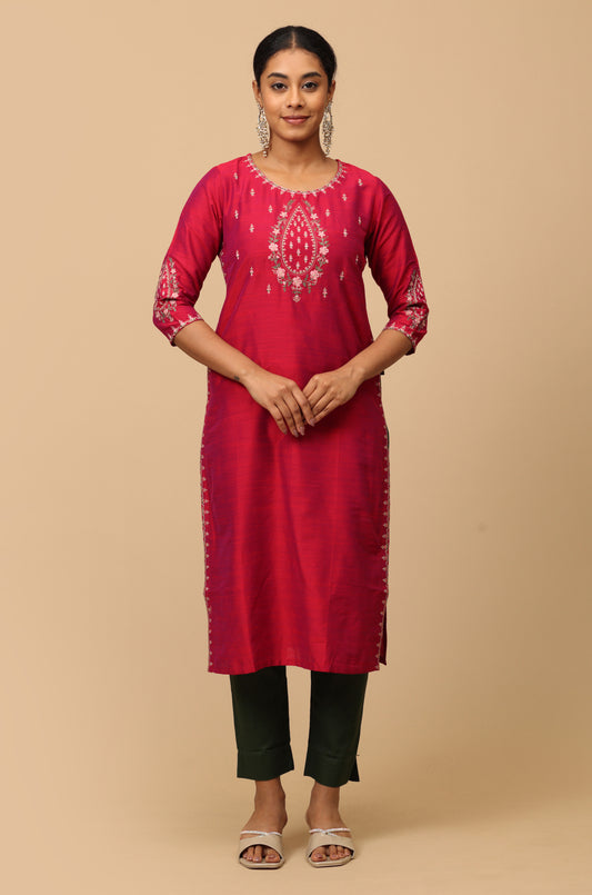 Magenta Slub Silk Yoke Embroidered Straight Kurti