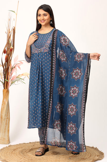 Navy Blue Cotton Printed with Handwork Kurti Set -3Pcs